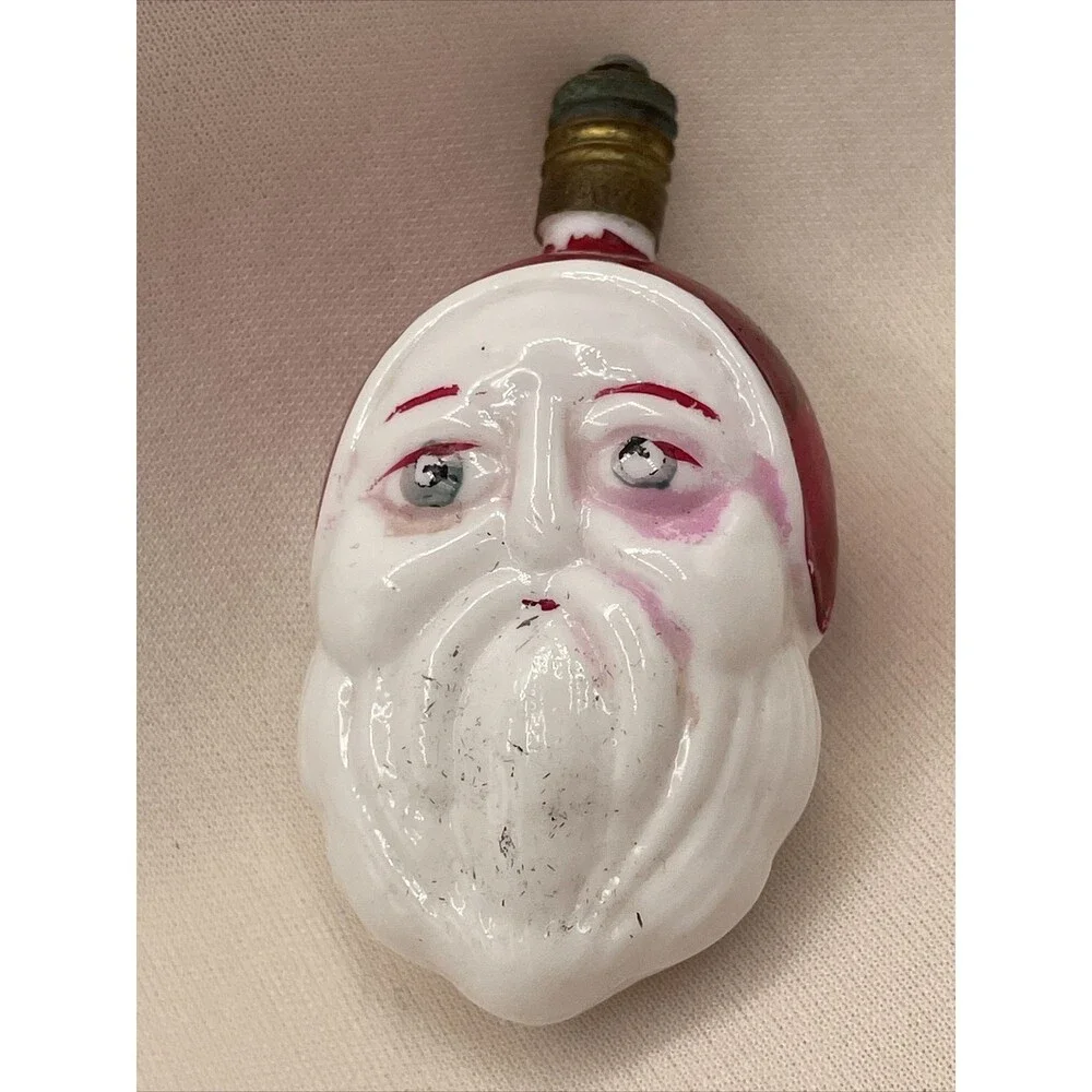 Vintage Painted Glass 2 Faced Santa Head Christmas Light Bulb Holiday Tree
